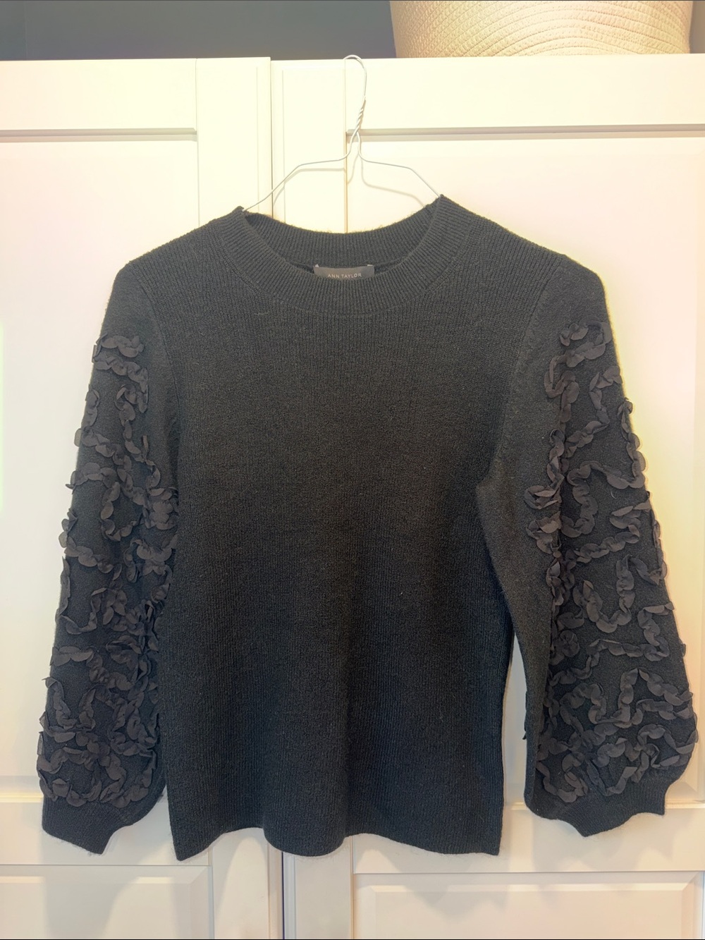 Ann Taylor Black Textured Sleeve Crewneck Sweater